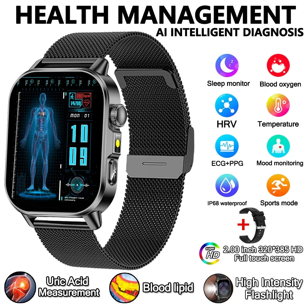 2026 New Professional-Grade Health Smart Watch Men ECG BP HR Uric Acid Lipid BMI Body Analysis Bluetooth Call Smartwatch Women