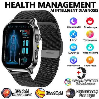 2026 New Professional-Grade Health Smart Watch Men ECG BP HR Uric Acid Lipid BMI Body Analysis Bluetooth Call Smartwatch Women