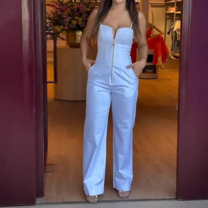 Fashion High Street Sleeveless Jumpsuit For Women 2026 Sexy Spaghetti Strap Bodycon Jumpsuits Office Elegant White Slim Romper