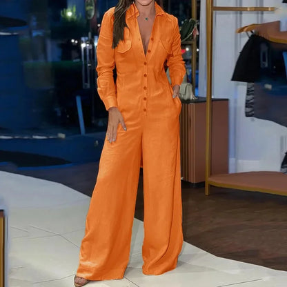 Jumpsuit Women 2024 Autumn Commuting Fashion Turn-Down Collar Long Sleeve Pocket Design Casual Jumpsuits New Female One Pieces