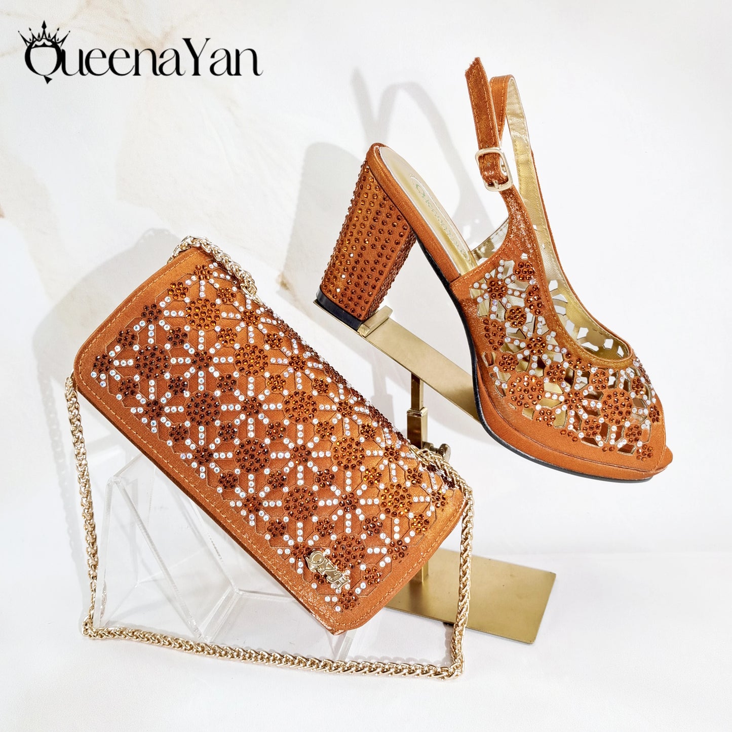 Queena Yan Popularity Olive Color Rhinestone Decoration Design Peep Toe Party Wedding Women High Heels and Bag Set