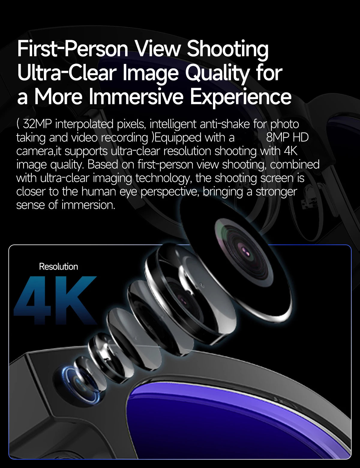 2026 New Smart AI Glasses AI Intelligent Translation 4K Ultra HD 8MP HD Camera AI Voice Wake-up Photo Recording AI Smart Glasses