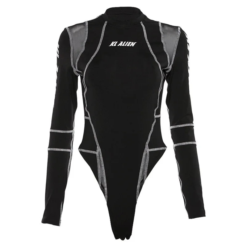 2025 Women Sexy Mesh Patchwork Letter Print Bodysuit Fashion Balck Patchwork Long Sleeve O-Neck Fitness Tops Wild Streetwear