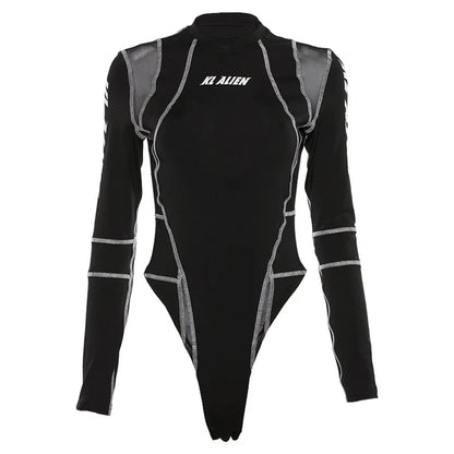 2025 Women Sexy Mesh Patchwork Letter Print Bodysuit Fashion Balck Patchwork Long Sleeve O-Neck Fitness Tops Wild Streetwear