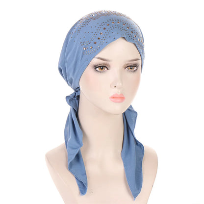 Fashion Diamond Women's Hijab Solid Color Muslim Ladies Turban Bonnet Soft Elastic Long Tail Head Wrap Head Scarf Indian Hats
