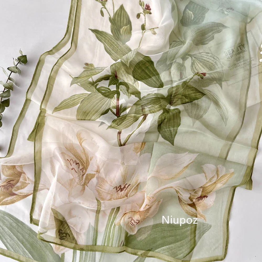 Gradient Lily Print Pretty Women Elegant Chiffon Georgette Bandana Scarf Summer Beach Sunscreen Thin Shawl