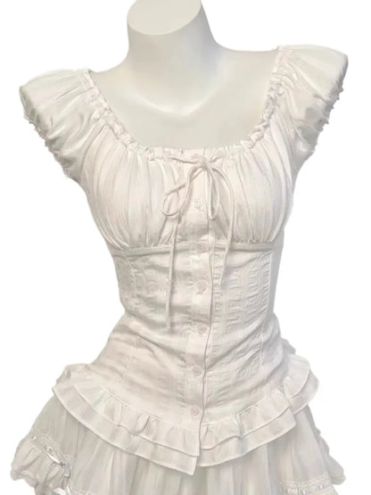 Deeptown Elegant Sweet White Blouses Women Sexy Square Collar Bow Crop Tops Vintage French Style Short Sleeve Ruffle Shirts