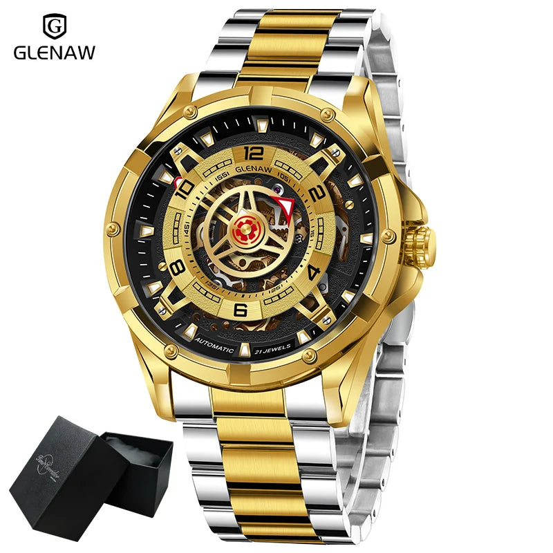 GLENAW Men Mechanical Watches Casual Outdoor Wristwatch Men Top Luxury Automatic Hollowed Watch Male Stainless Steel Waterproof