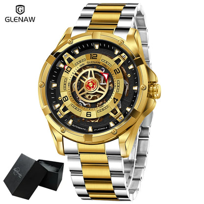 GLENAW Men Mechanical Watches Casual Outdoor Wristwatch Men Top Luxury Automatic Hollowed Watch Male Stainless Steel Waterproof