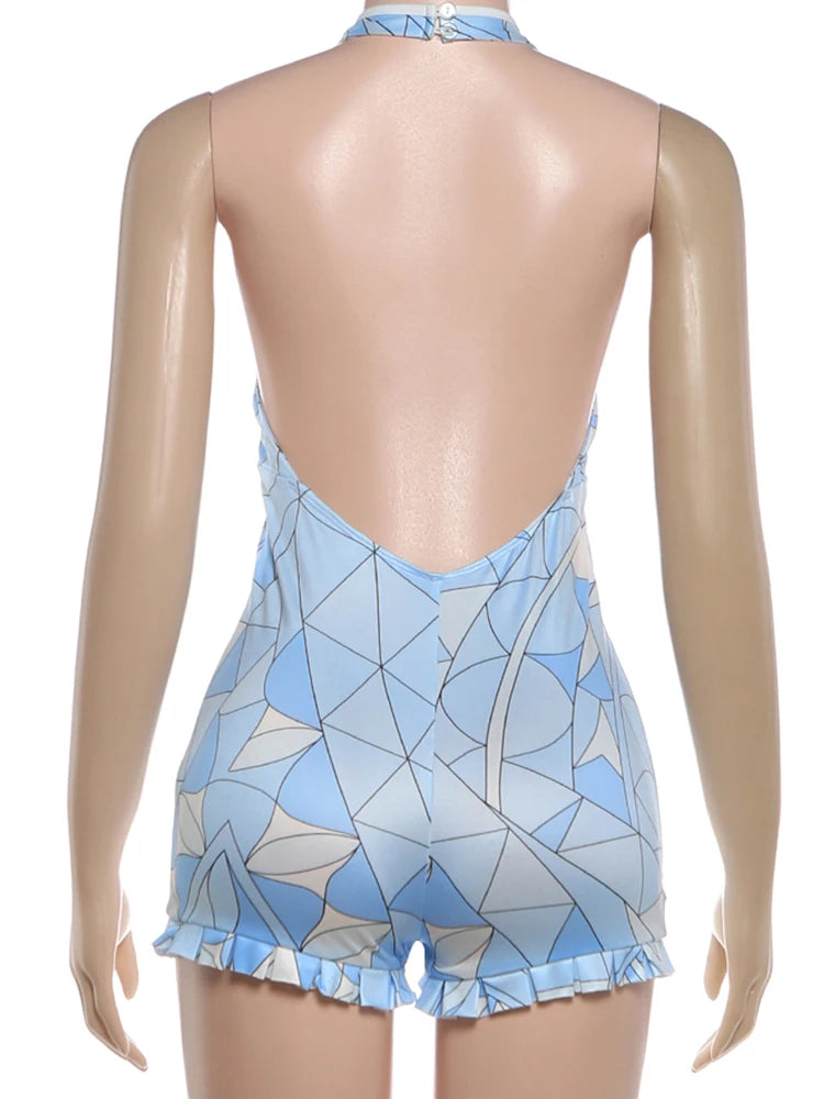 Sisterlinda chic Plaid Patchwork Rompers Woman Halter Low-Neck Backless Sleeveless Ruffles Hem Peach Hip Sexy Fashion Playsuits