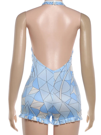 Sisterlinda chic Plaid Patchwork Rompers Woman Halter Low-Neck Backless Sleeveless Ruffles Hem Peach Hip Sexy Fashion Playsuits