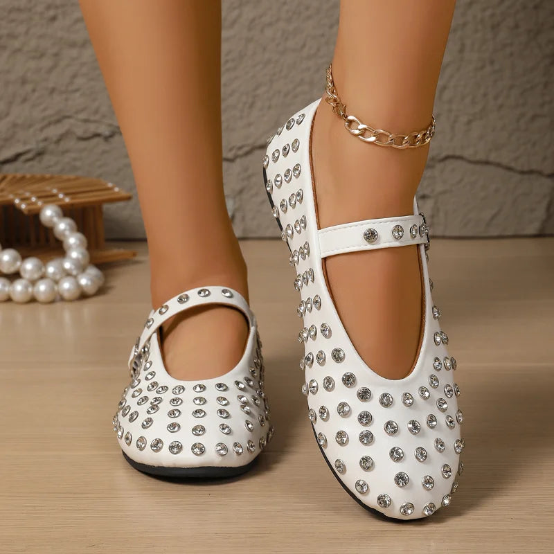 Women's Flat Dress Shoes Bottom Mary Jane Water Diamond Casual Dancing Shoes Genuine Leather Single Shoes Luxury Ballet Flats
