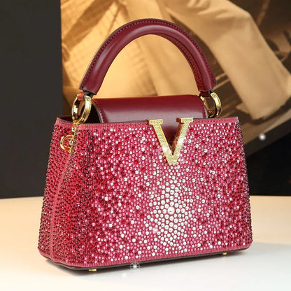 Luxury Fashion Diamonds Women's Handbags 2025 New V Letter Small Shoulder Crossbody Bag Genuine Leather Messenger Shell Bags