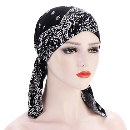 2026 New Trendy Print Muslim Fashion Hijab Turban Bonnet Long Tail Head Wraps Soft Elastic Hijab Hats Chemo Cap For Women Girls