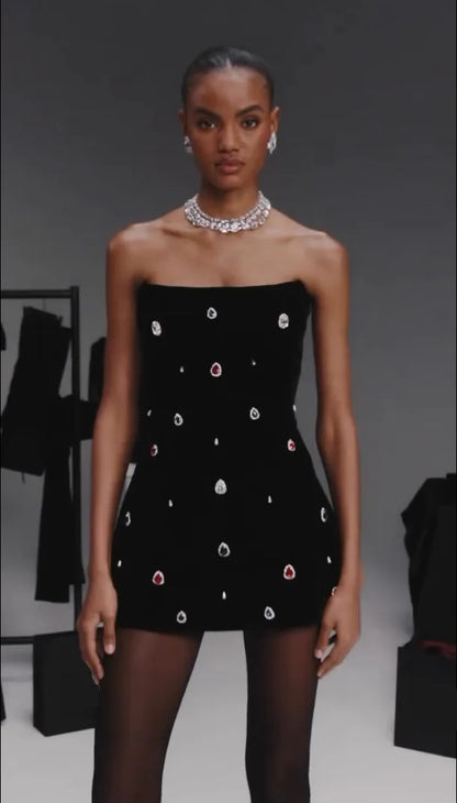 2025 New Spring Black Color Women Sexy Strapless Colorful Crystal Bodycon Mini Bandage Dress Nightclub Party Celebrate Outfit