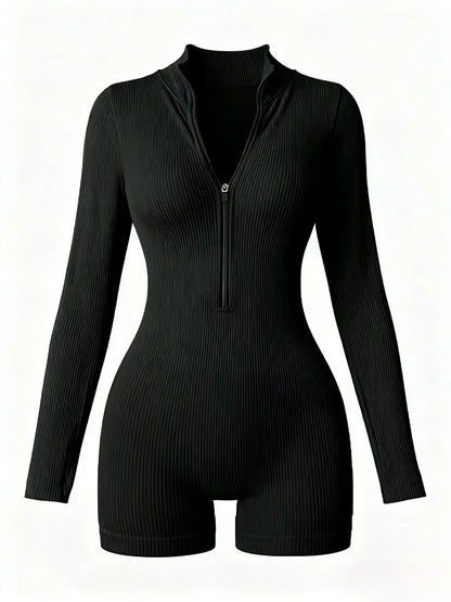 Women's Solid Color Half Zip Ribbed Knit Short Sleeve Romper Sports Soft Slim Fit Mock Neck Jumpsuit Streetwear 2025 Summer
