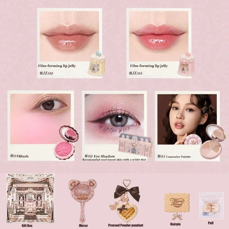 Flowerknows THE SWEETIE BEAR COLLECTION Makeup Gift Set All In Concealer Palette Blush Setting Powder Lip Jelly Gift Box Mirror