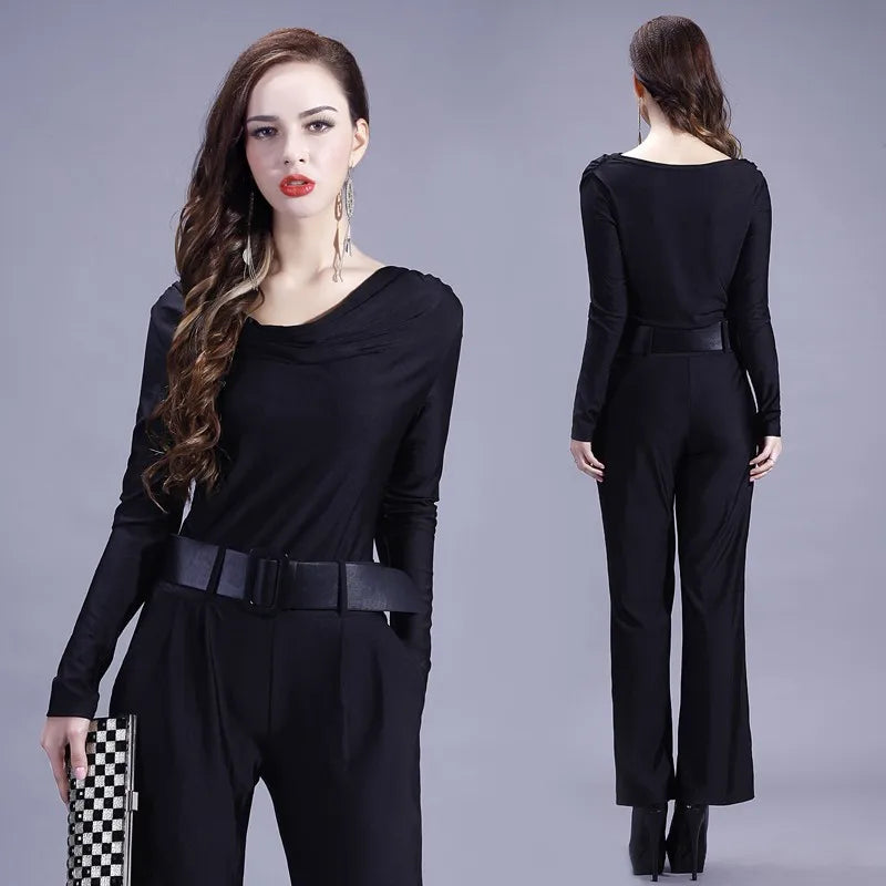 Fashion Women Long Sleeve Sexy V Neck Wide Leg Rompers Belted High Waist Jumpsuits Long Office Ladies Outfits Jumpsuit Colors
