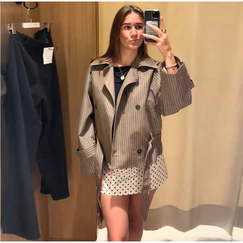 Plaid Cropped Trench Coat Lapel Collar Double Breasted Belted Waist Long Sleeve Women All-match Coats 2026 Autumn Commute Outfit