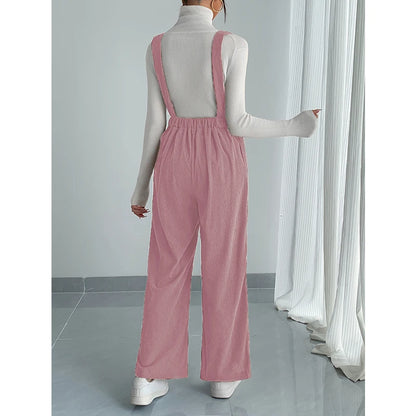 Women Casual Jumpsuit Corduroy Wide Shoulder Straps Button Detail Solid Color Relaxed Fit Autumn Winter Hand Wash Only