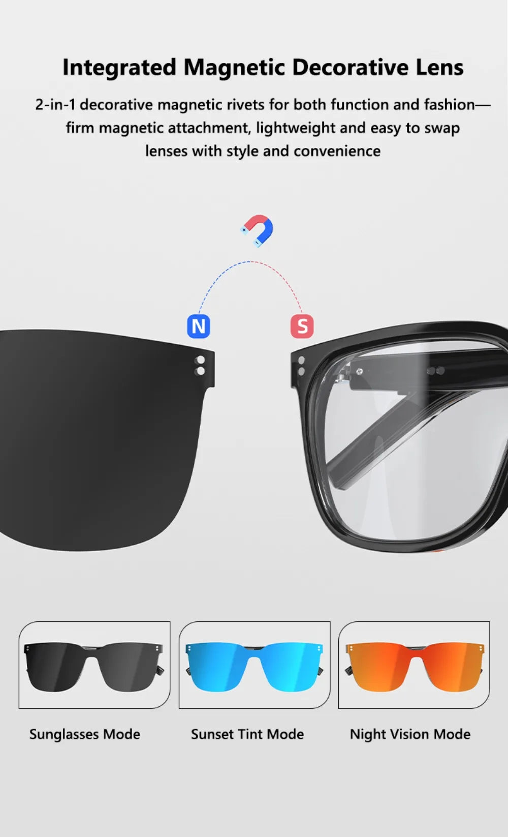 Magnetic Interchangeable Lenses Smart Audio Glasses Built-in Speakers Clear Phone Call Bluetooth Glasses Small but Powerful