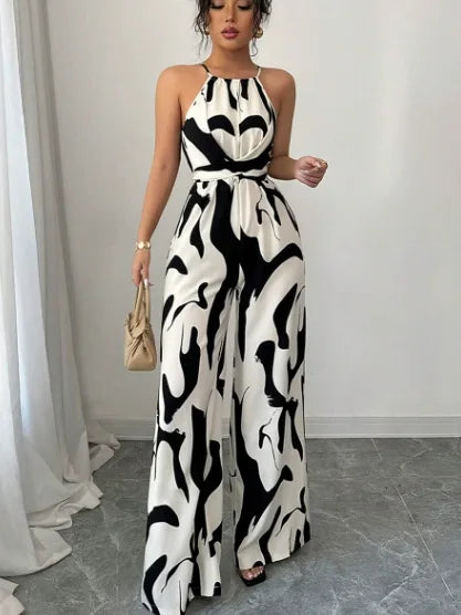 2026 New Women Milk Print Halter Neck Jumpsuit, Tie Back Backless Sling Romper, High Waist Slim Fit Wide Leg One Piece Pants