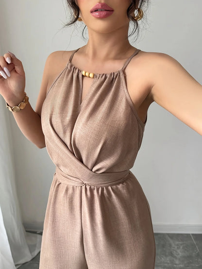 Women's Spring/Summer Casual Pleated Fabric Halterneck Beaded Waist Button and Tie Design Maxi Jumpsuit