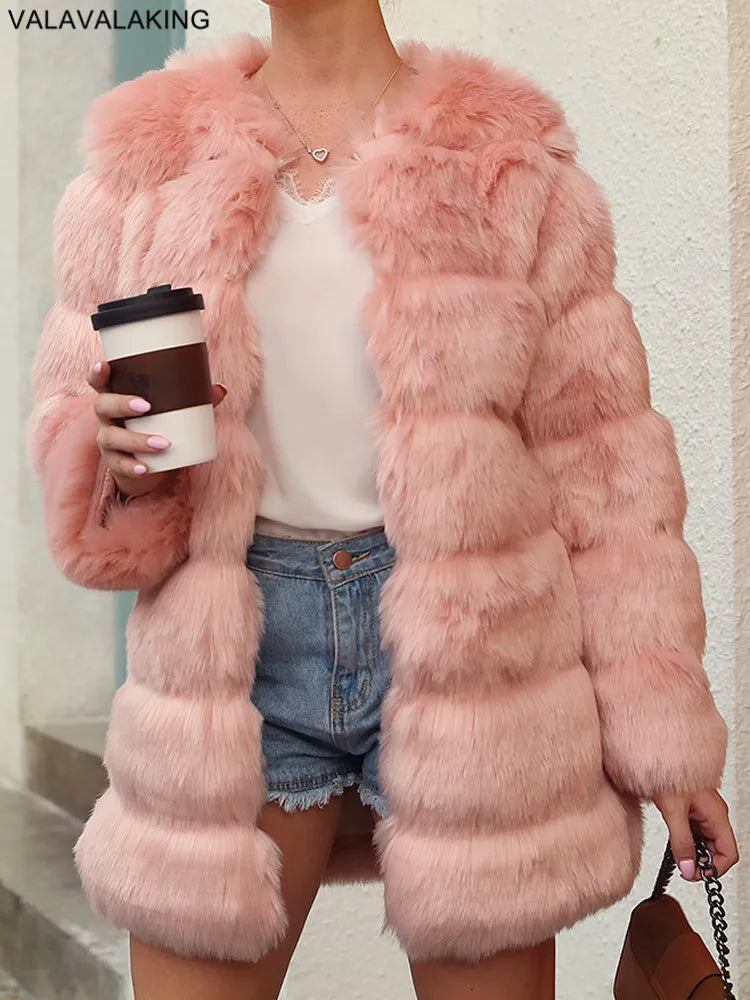 2026 Winter Long Sleeve Faux Fur Long Coat Women Elegant Pink Fluffy Outwear Jacket Lady Solid Casual Thick Warm Furry Outwear