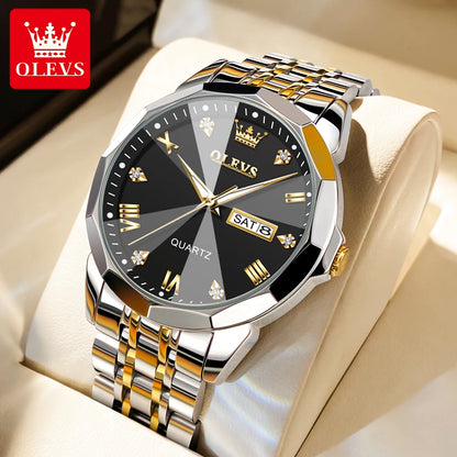 OLEVS Original Waterproof Men's Watches Diamond Mirror Quartz Watch for Man Luminous Stainless Steel Wristwatch Male Date Week
