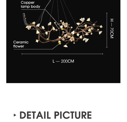 New Italian Light Luxury Ceramic All Copper Branch Living Room Ceiling Light Hotel Restaurant Sales Department Staircase Light