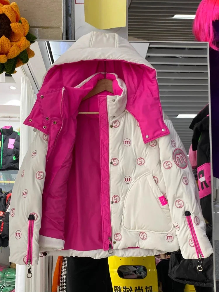 Bright Printed Down Jacket Fashion Hooded Color Block Short Jackets Winter Wash Free Loose Thick 90 White Duck Puffer Coat Women