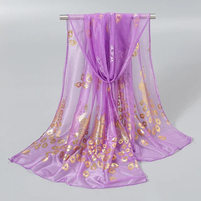Women Glitter Thin Muffler Solid Color  Elegant Hijab Scarf Chiffon Long Scarves Gold Peacock Print Wrap Shawl Georgette Scarf