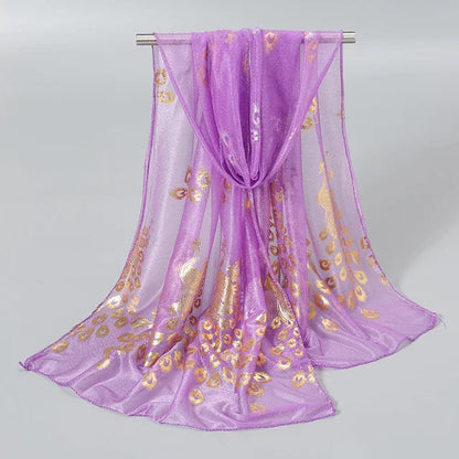 Women Glitter Thin Muffler Solid Color  Elegant Hijab Scarf Chiffon Long Scarves Gold Peacock Print Wrap Shawl Georgette Scarf