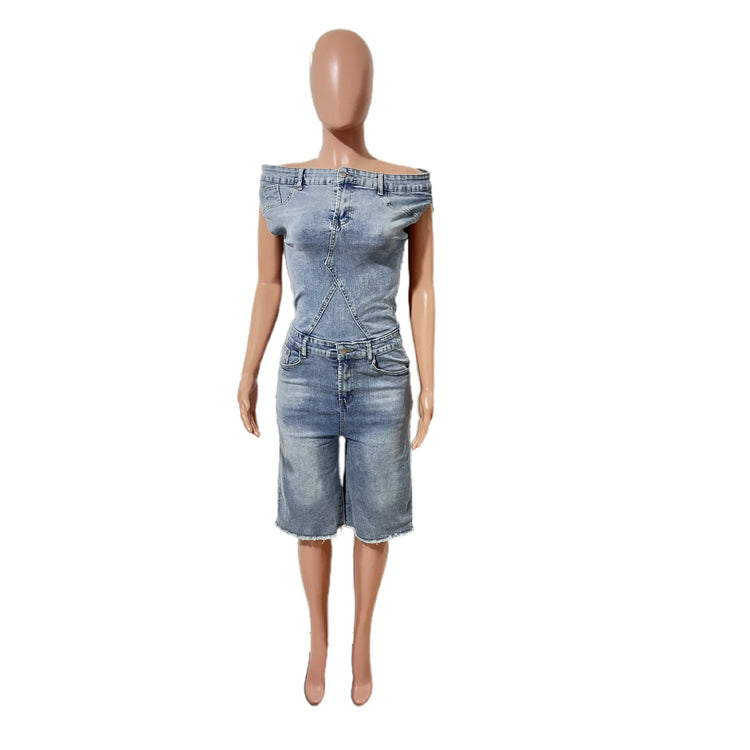 Jumpsuits Women Denim One Piece Short Sleeve Overalls Knee Length Pants Tight Waist Rompers Y2k Streetwear Slash Neck 2026
