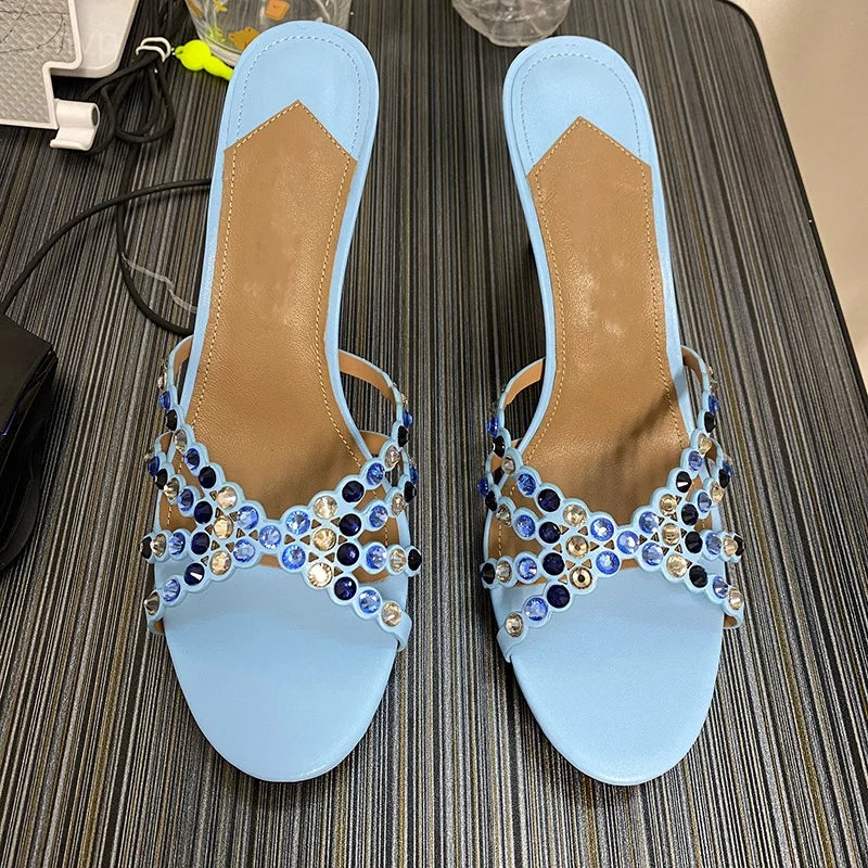Summer 2026 Women's Pink Crystal High Heels Diamond-Encrusted Slim Heel Sandals for Outdoor Weddings Parties Fashionable Ladies'