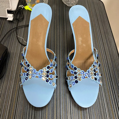 Summer 2026 Women's Pink Crystal High Heels Diamond-Encrusted Slim Heel Sandals for Outdoor Weddings Parties Fashionable Ladies'
