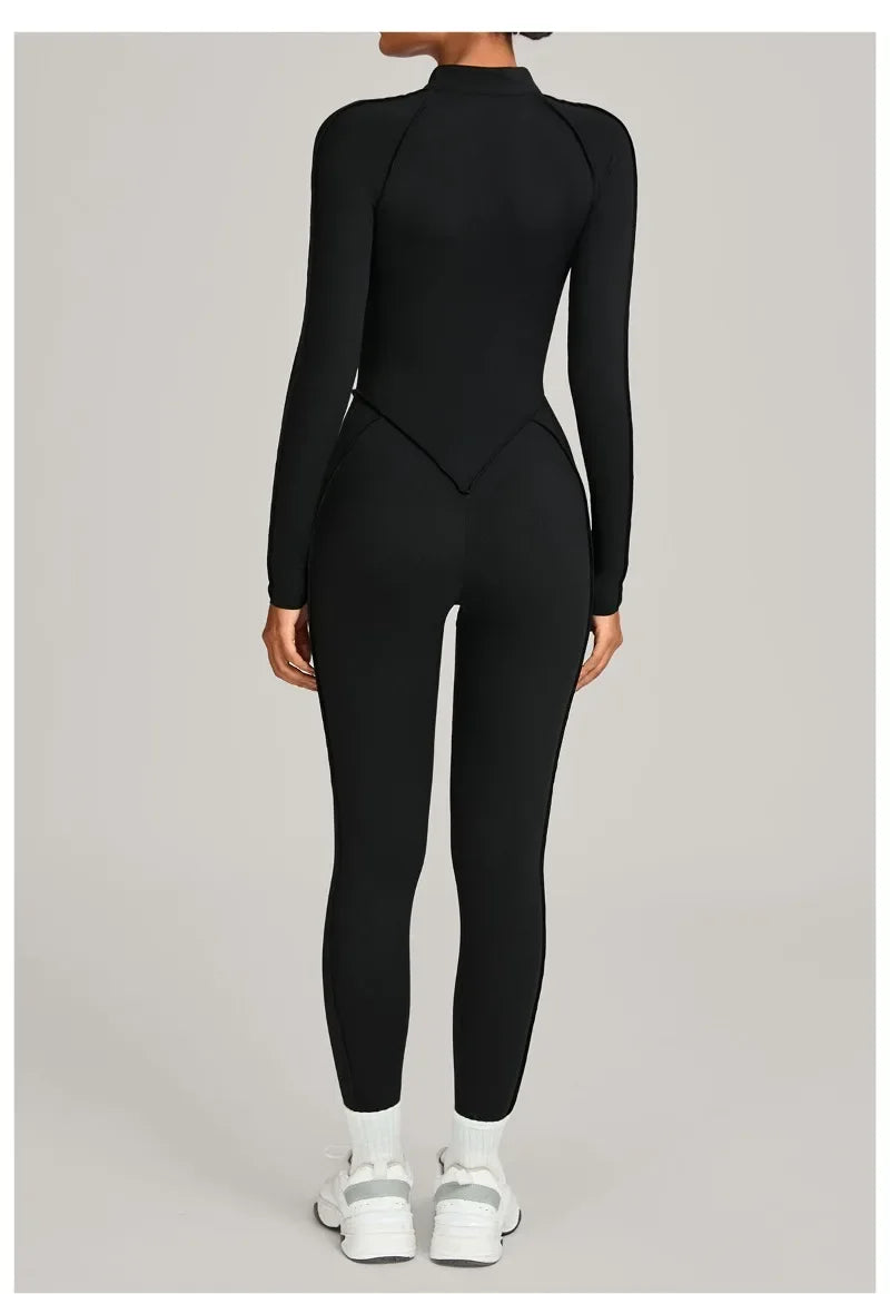 Women's Winter Yoga Jumpsuits Sports Fitness Hip-Lifting Slimming One-piece Zipper Long-Sleeved Outdoor Gym Workout Bodysuits