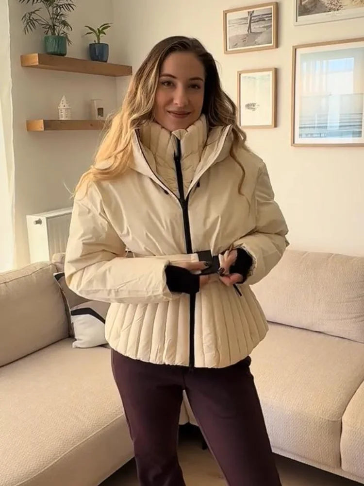 Women's Chic White Hooded Ski Jumpsuit with Waist Belt Warm Snowproof One-Piece Snow Wear Winter Sports Fashion Lady Snowsuit