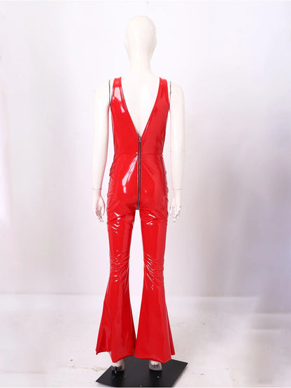 Women Glossy PU Flared Jumpsuit Deep V Neck Double-ended Zipper Split Bell Bottom Sleeveless Unitard Rompers Rave Party Clubwear