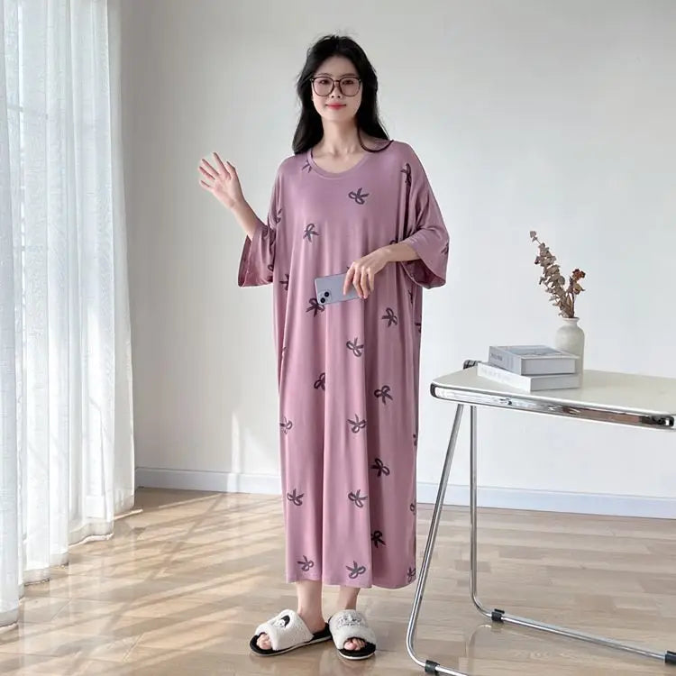 150kg Plus Size Summer Lazy Short Sleeve Long  T-Shirt Dress Korean Oversized Loose Nightgown Maternity Sleepwear Home Clothes