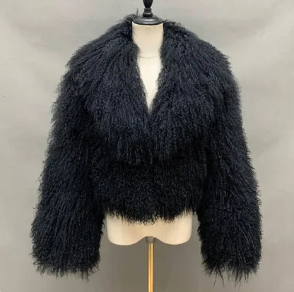 Mongolian Fur Coats Fur Lapel Jacket Women Elegant White Fluffy Solid Thicken Warm Long Sleeves Coats Winter Chic Oversize Lady