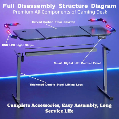 NEBMAAX Electric Height Adjustable Gaming Desk With RGB LED Strip Lights, Built-In Cup Holder Headset Hook Ergonomic Computer Game Table with Carbon Fiber Surface, 2 Memory Positions and 3 Sizes