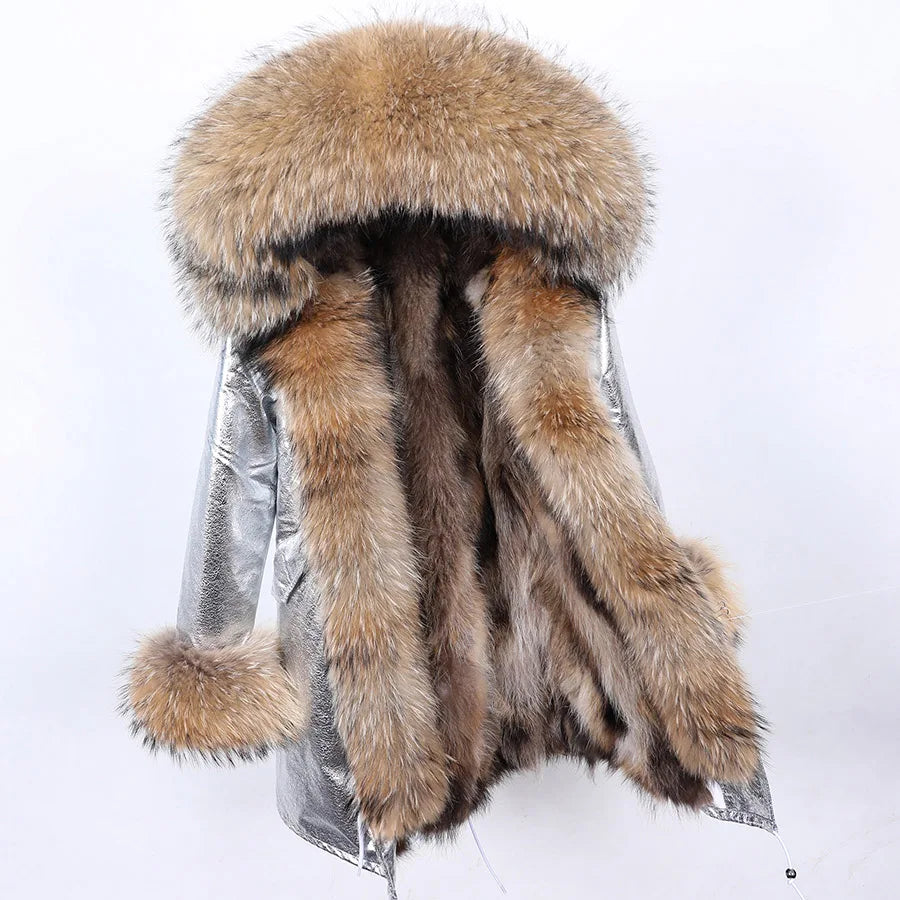 Maomaokong 2026 New Natural Fur Lining Real Fur Coat Winter Jacket Women Raccoon Fur Collar Warm Thick Parkas Female Clothing