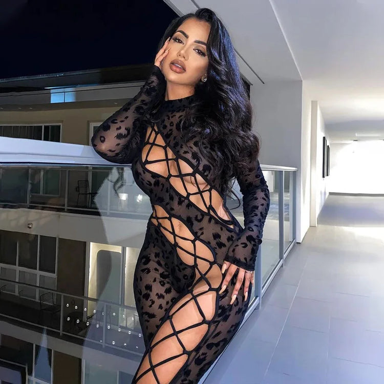 Skinny Hollow Out Cross Bandage Patchwork Jumpsuits Women Leopard Print Retro Fashion Sexy Cleavage Bodycon Party Clubwear Hot