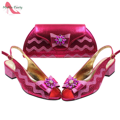 Golden Elegant Ladies Shoes Matching Bag Set Slingbacks Peep Toe Low Heels Fashion New Design Italian for Wedding