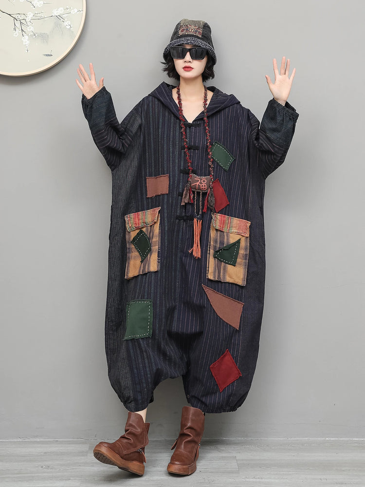 Unique Vintage-style Patchwork Jumpsuit Women Autumn Loose Hooded Long Sleeves Overalls LX6788