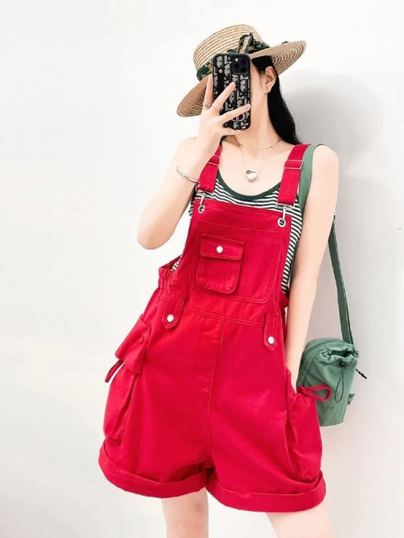 Red Denim Overalls for Women Summer Adjustable Straps Loose Wide Leg Shorts Solid Color Casual Streetwear Short Rompers