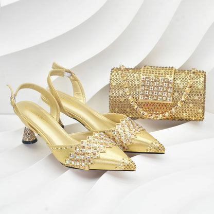 Women Nigerian Italian Shoes and Bags Set Decorated with Rhinestone Luxury Shoe and Bag Set for Party in Women Ladies Pumps