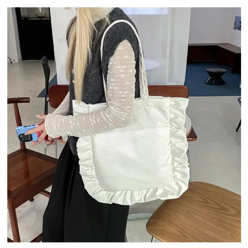 New Elegant Vintage Women Casual Tote Bags French Style Ruffles Shoulder Bag Large Capacity Versatile Handbag