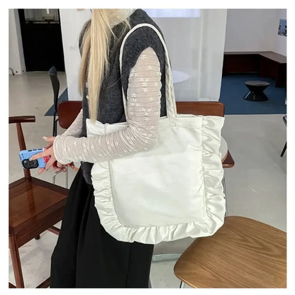 New Elegant Vintage Women Casual Tote Bags French Style Ruffles Shoulder Bag Large Capacity Versatile Handbag